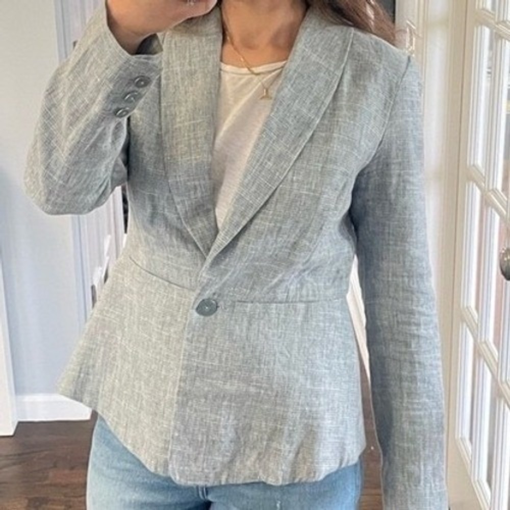 Cabi 0185 Blue Grey Linen Cotton Blend Shawl Collar Single Button Blazer 8